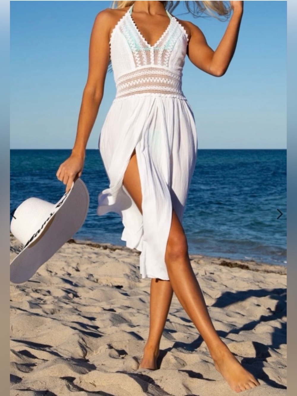 Seaspice Arabella Panel High Slit Midi Dress XL White Crochet Halter Resort